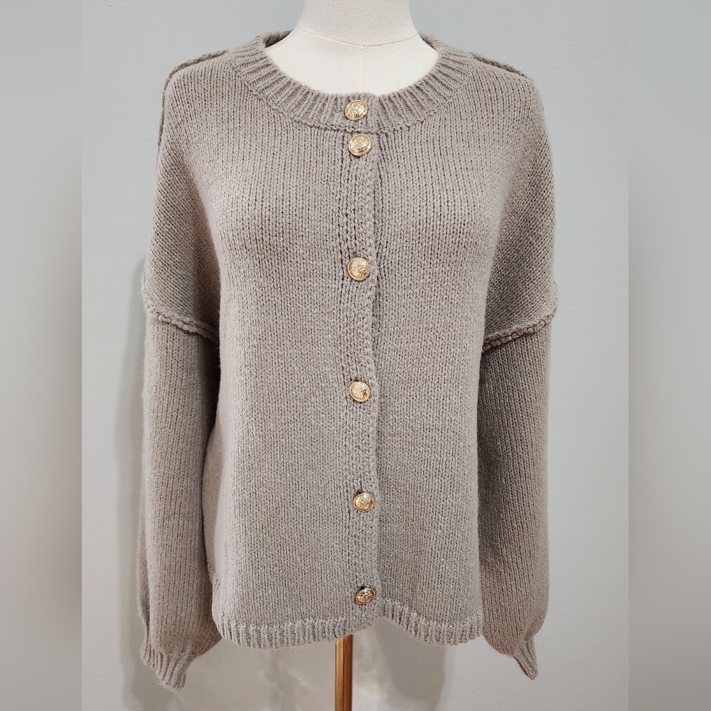 Knit Cardigan Luxury Button Up Sweater Casual Business Grey Gold Hardwear Size M